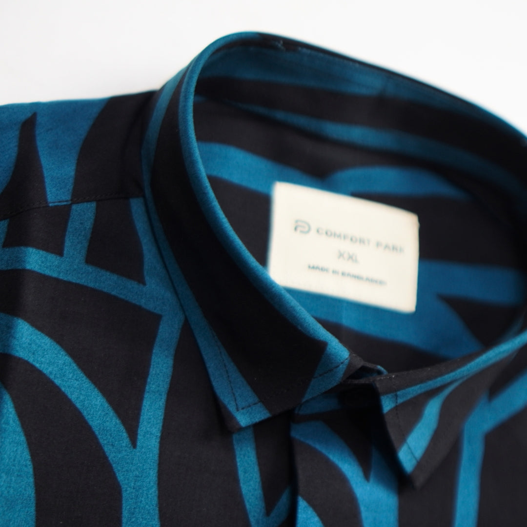 Men's Navy Blue Abstract Half Sleeve Shirt | Midnight Maze