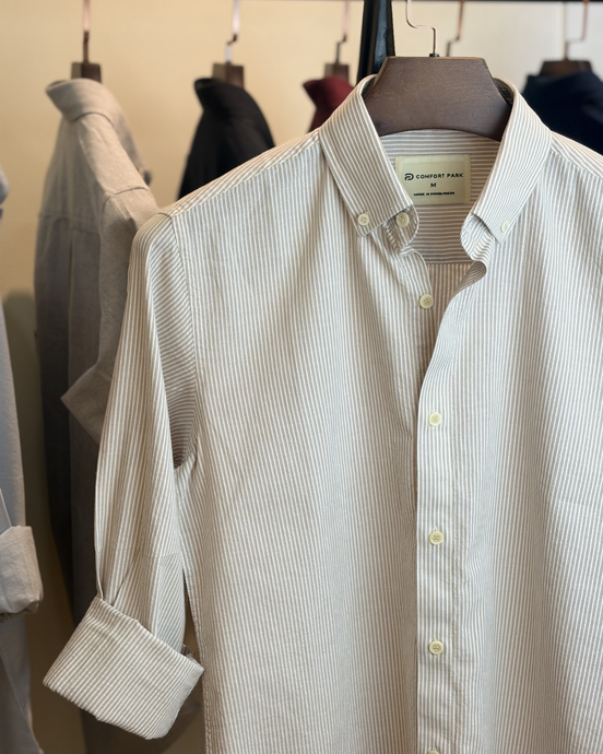 Light beige with white pinstripes shirt