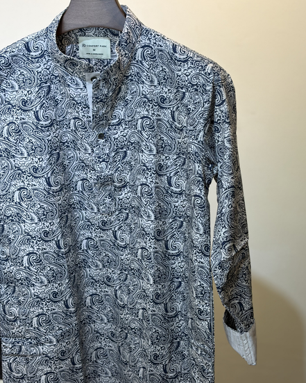 White base with navy blue paisley print