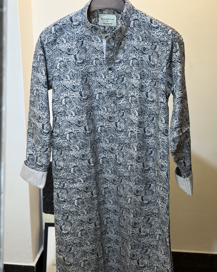 White base with navy blue paisley print