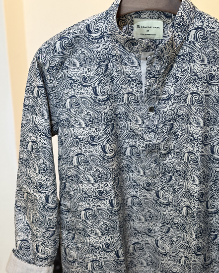 White base with navy blue paisley print