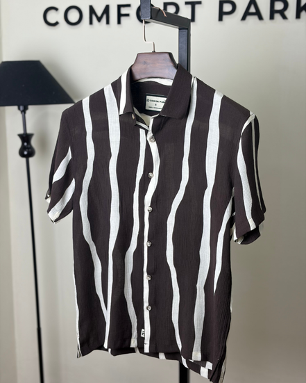 Coffee Stripe Textured Half Shirt