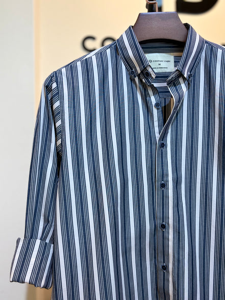 Navy blue and white striped shirt