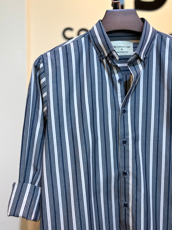 Navy blue and white striped shirt