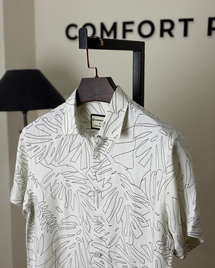 Ivory Palm-Line Print Stripe Textured Half Shirt