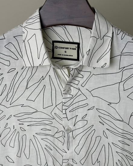 Ivory Palm-Line Print Stripe Textured Half Shirt