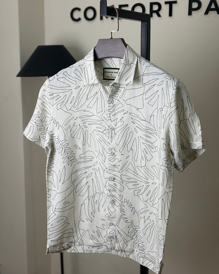Ivory Palm-Line Print Stripe Textured Half Shirt