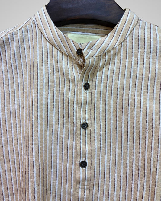 Beige Striped Mandarin Collar Katua