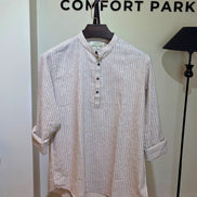 Beige Striped Mandarin Collar Katua