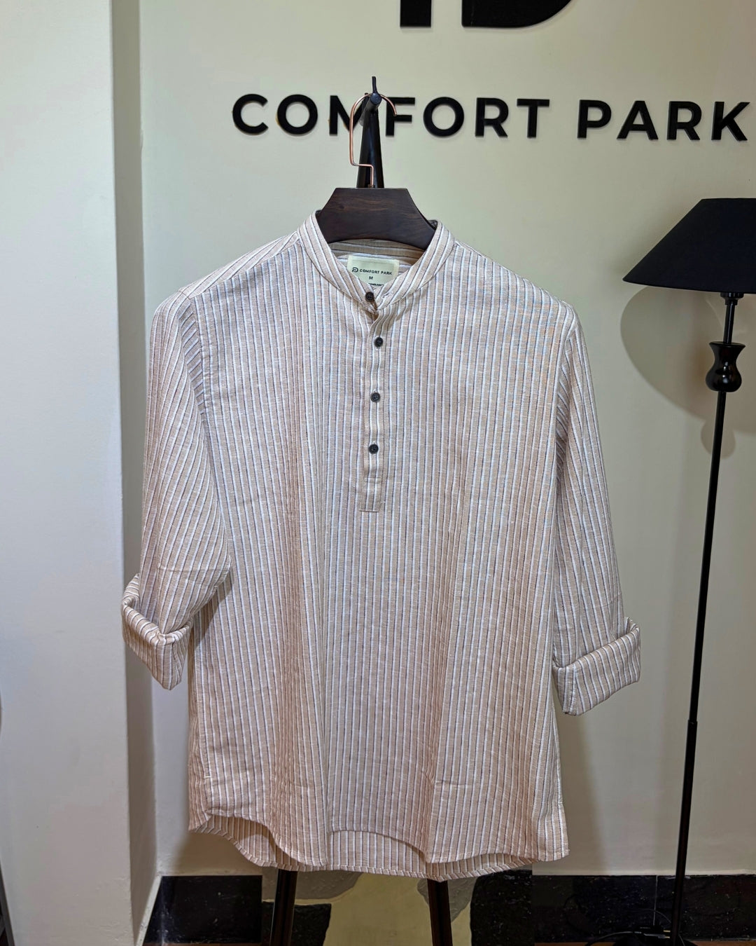 Beige Striped Mandarin Collar Katua