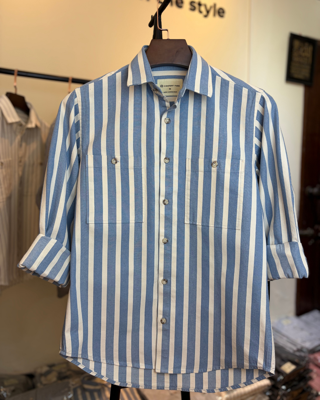 Blue & White Bold Striped Overshirt