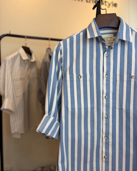 Blue & White Bold Striped Overshirt