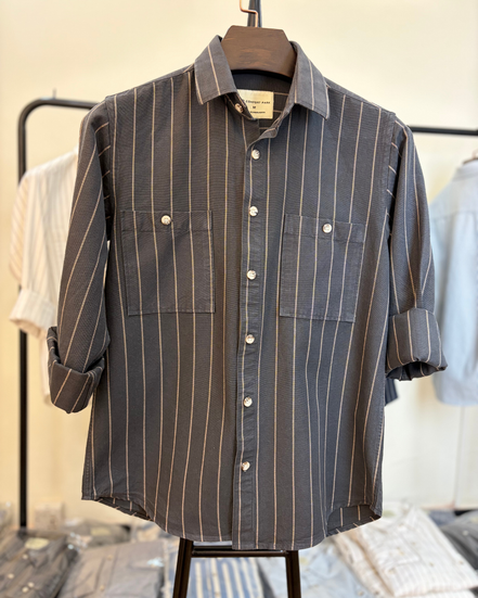 Charcoal Grey & Beige Striped Overshirt