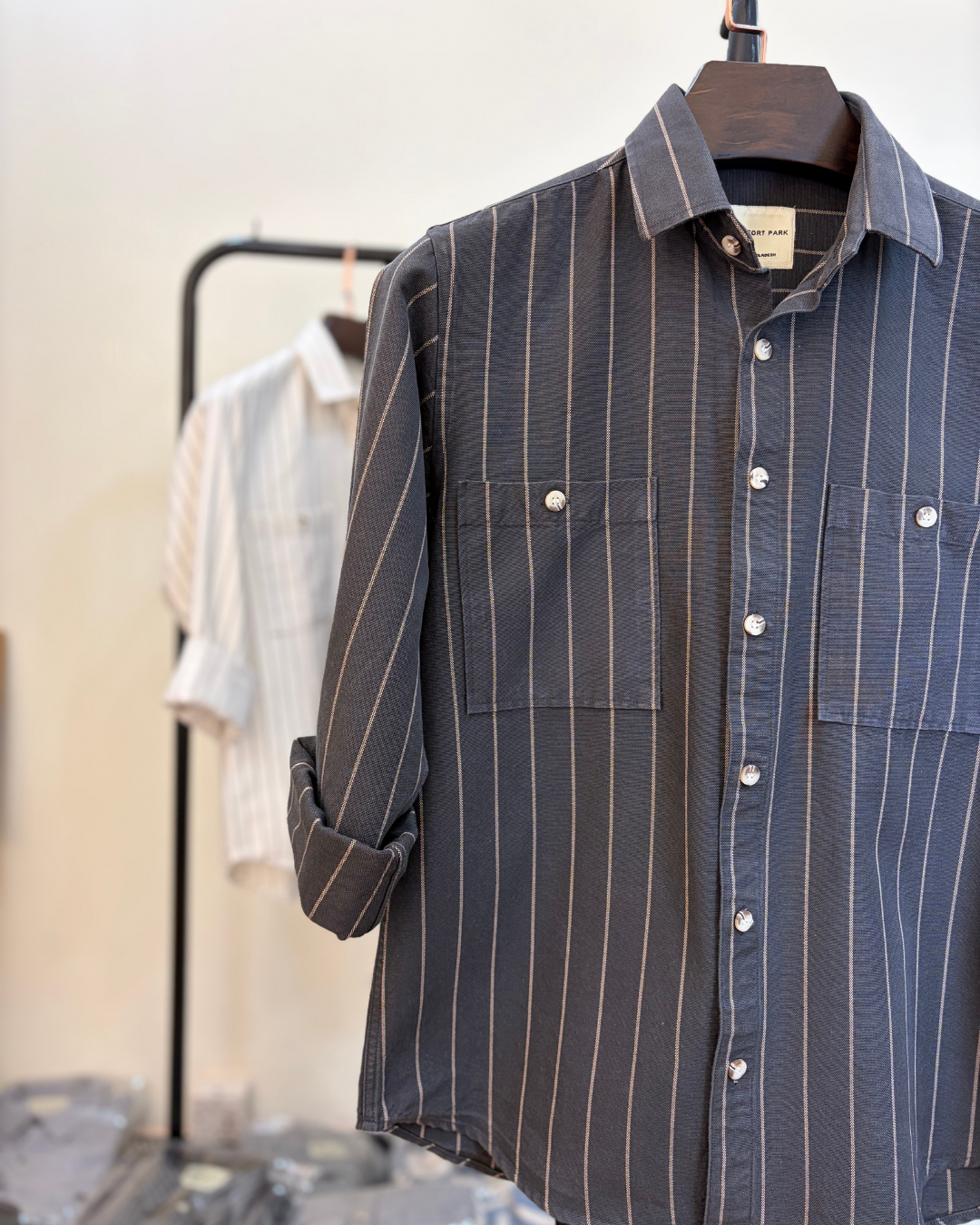 Charcoal Grey & Beige Striped Overshirt