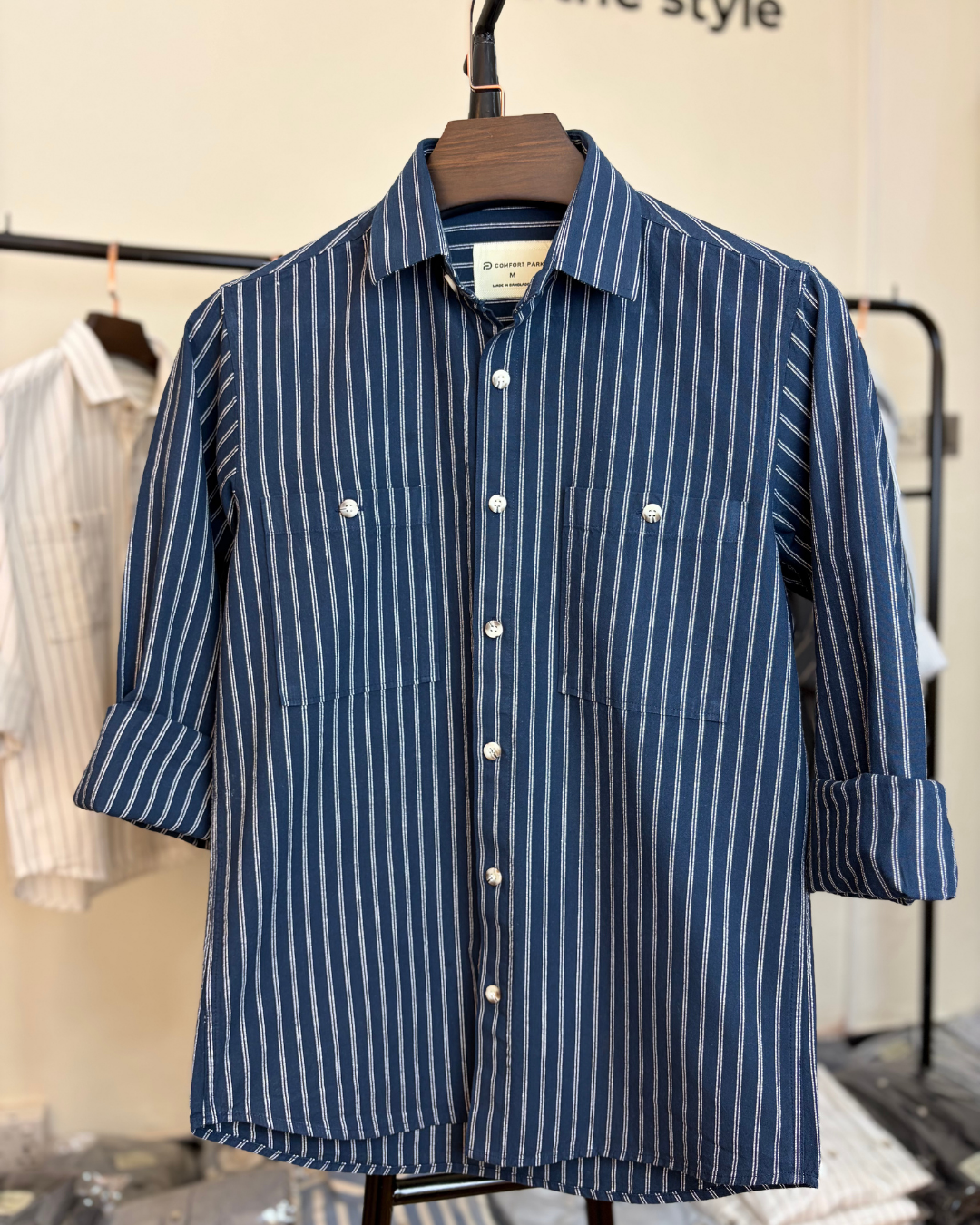 Navy Blue & White Striped Overshirt