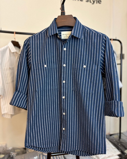 Navy Blue & White Striped Overshirt