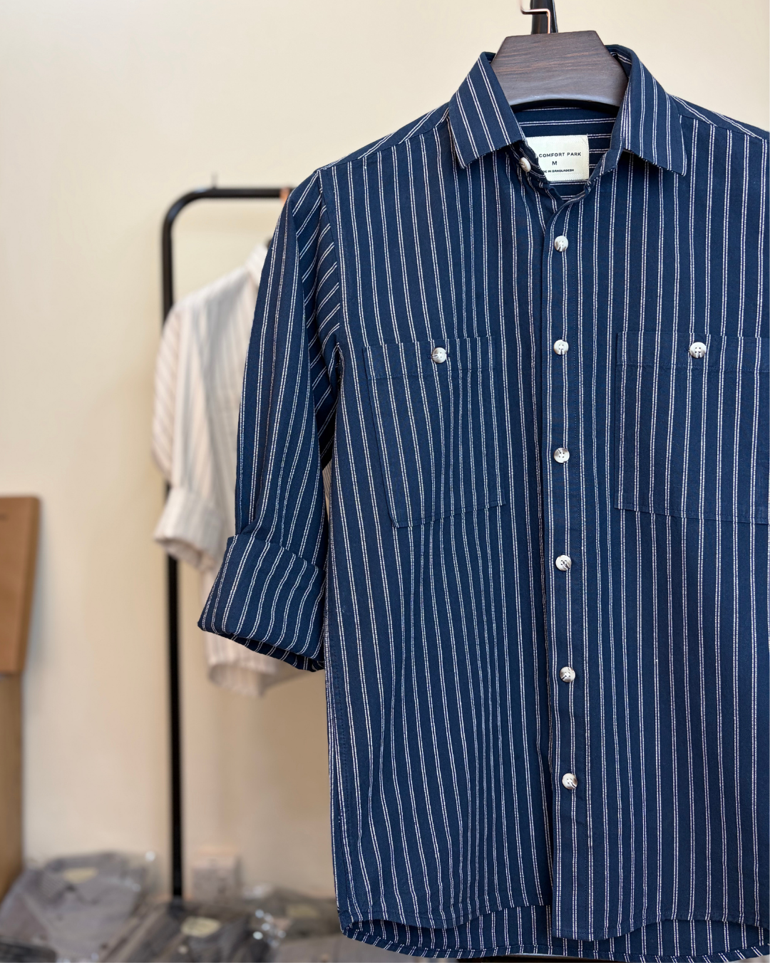 Navy Blue & White Striped Overshirt