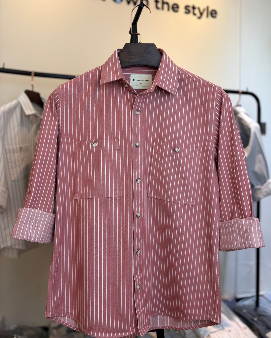 Rust Red & White Striped Overshirt