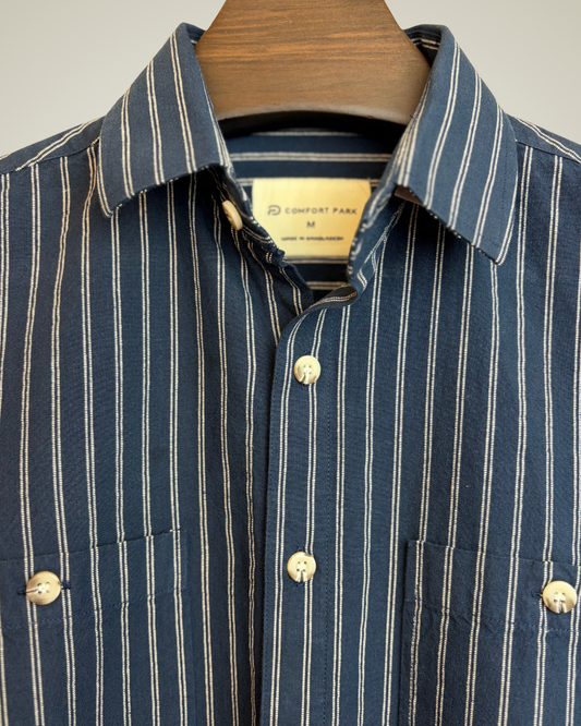 Navy Blue & White Striped Overshirt