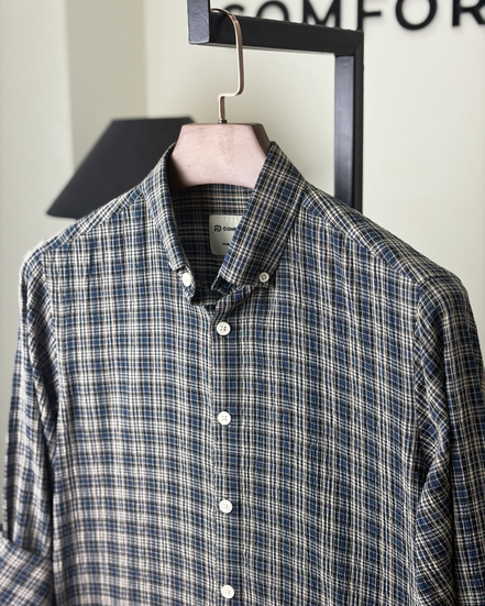 Navy Plaid Check Seersucker Shirt