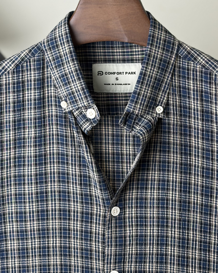 Navy Plaid Check Seersucker Shirt