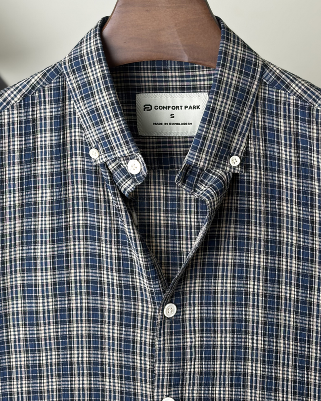 Navy Plaid Check Seersucker Shirt