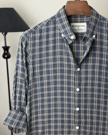 Navy Plaid Check Seersucker Shirt