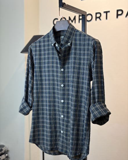 Navy Plaid Check Seersucker Shirt