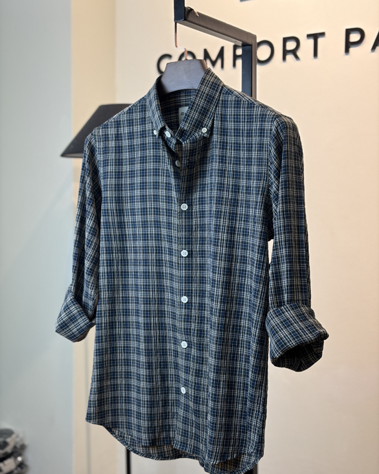 Navy Plaid Check Seersucker Shirt