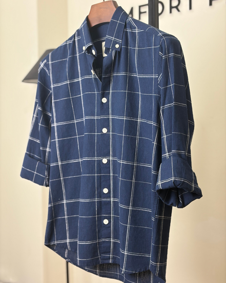 Navy with white grid check shirt