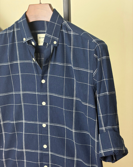 Navy with white grid check shirt