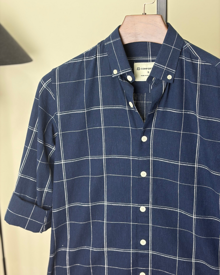 Navy with white grid check shirt