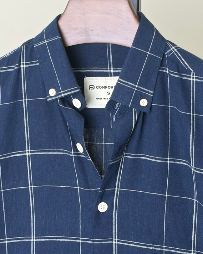 Navy with white grid check shirt