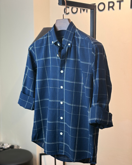 Navy with white grid check shirt