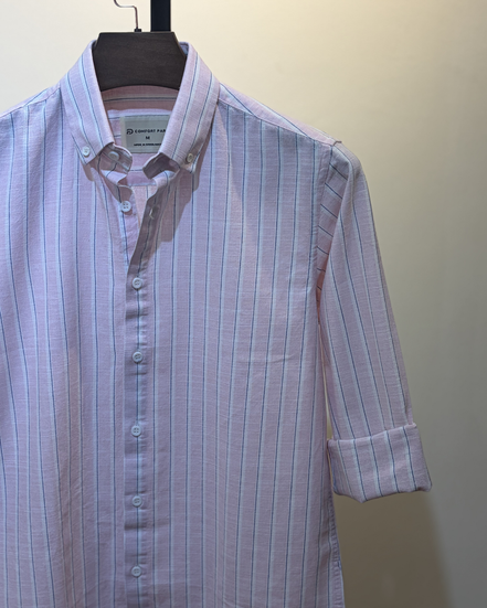 Pink with navy vertical stripes
