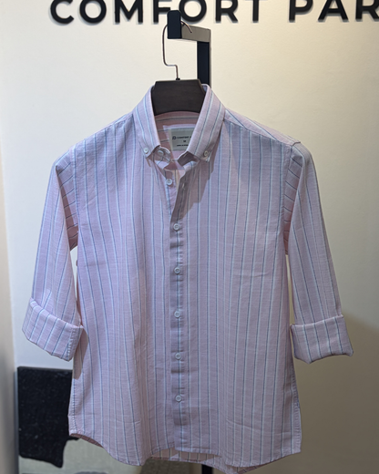 Pink with navy vertical stripes