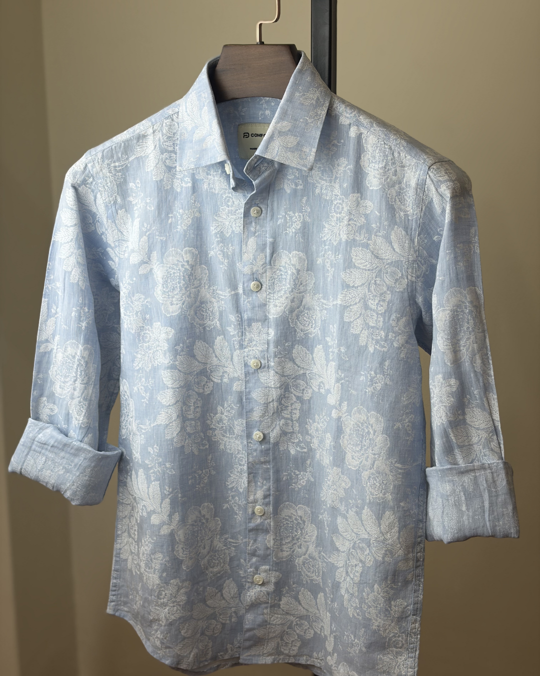 Sky Blue White Floral Print Shirt