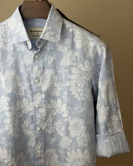 Sky Blue White Floral Print Shirt