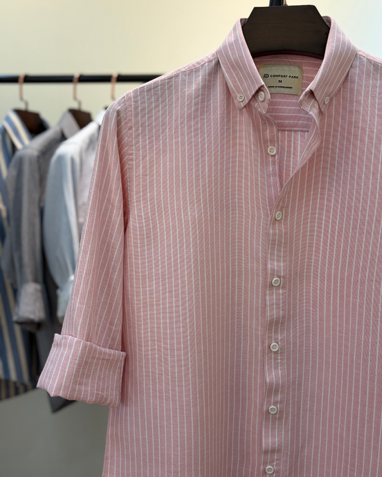 Soft pink shirt with white pinstripes