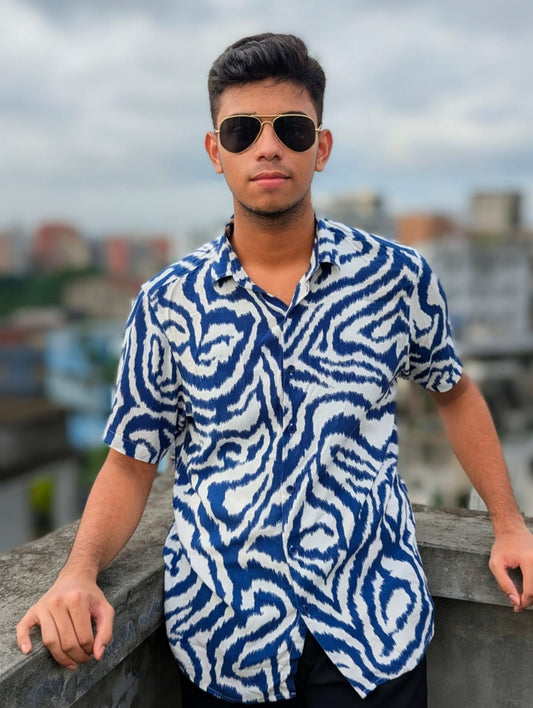Men's Marine Blue Abstract Sleeve Shirt