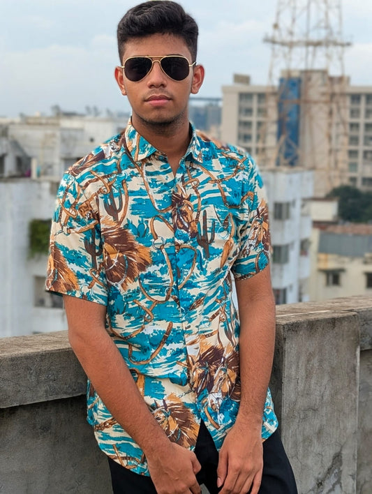 Men's Blue and Dark Peach Abstract Sleeve Shirt