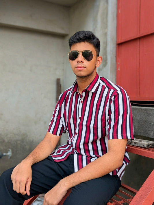Men's Maroon & White Vertical Striped Sleeve Shirt | Urban Stripe