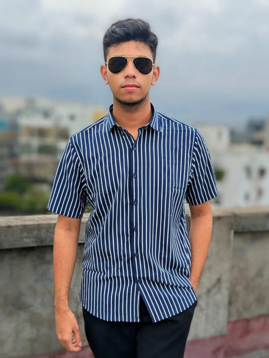 Men's Navy Blue Pinstripe Short Sleeve Shirt