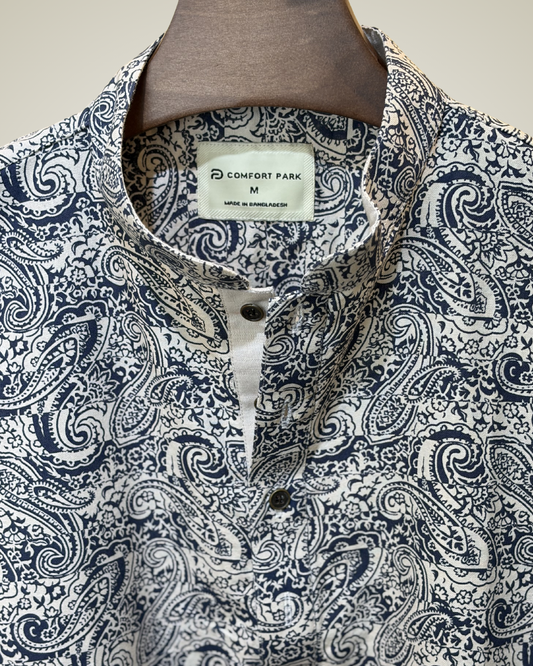 White base with navy blue paisley print