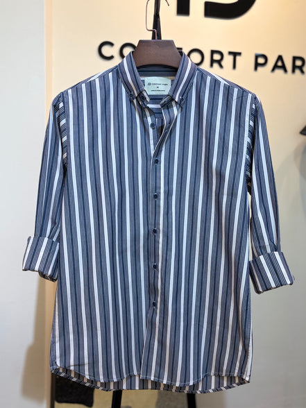 Navy blue and white striped shirt