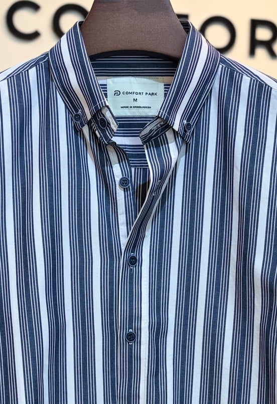 Navy blue and white striped shirt